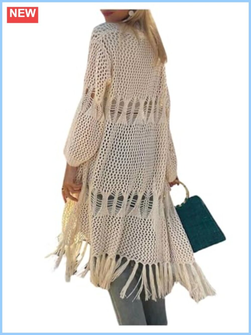 Crochet Knit Open Front Duster Cardigan Fringe Long Sleeve Lightweight
